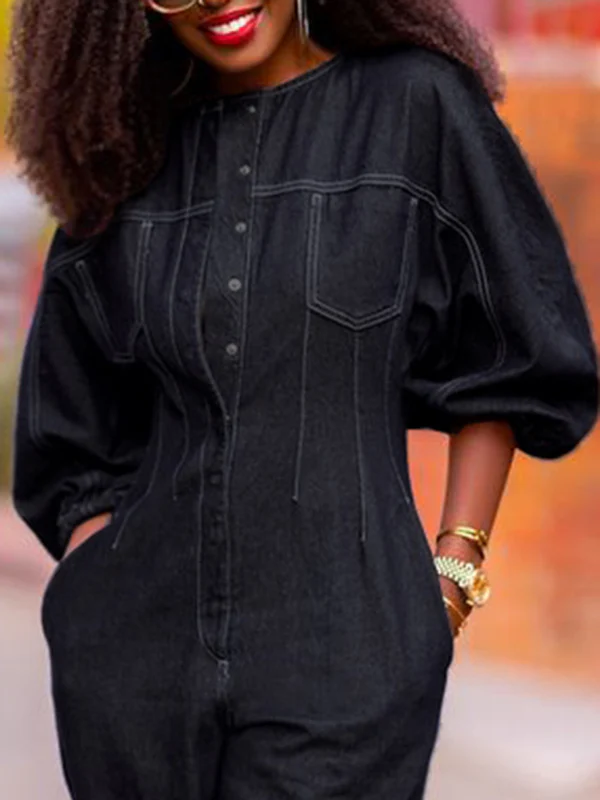 Puff Sleeves Split-Joint Round-Neck Jumpsuits - Image 4