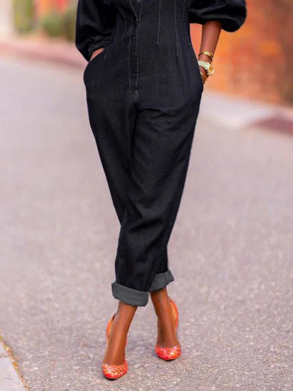 Puff Sleeves Split-Joint Round-Neck Jumpsuits - Image 5