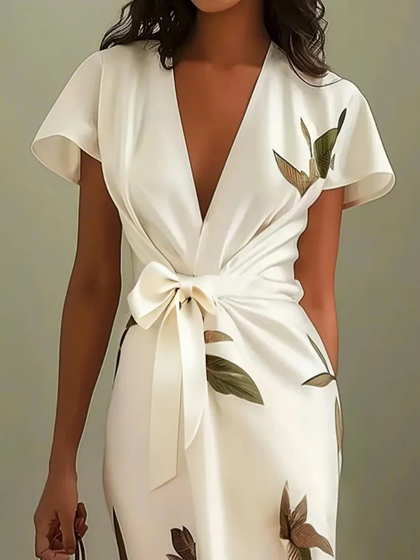 Raglan Sleeve Asymmetric Pleated Printed Split-Joint V-Neck Midi Dresses - Image 2