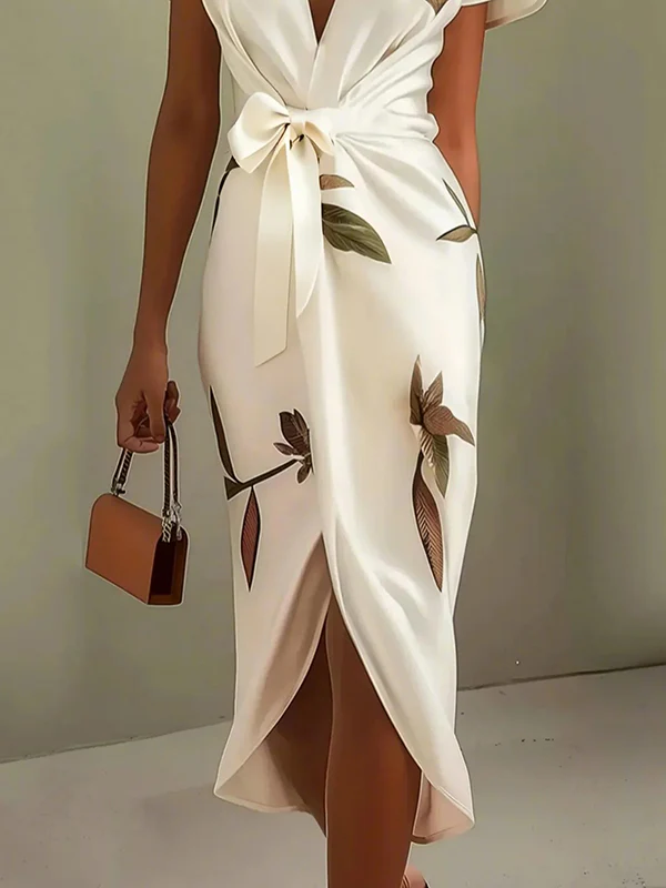 Raglan Sleeve Asymmetric Pleated Printed Split-Joint V-Neck Midi Dresses - Image 3