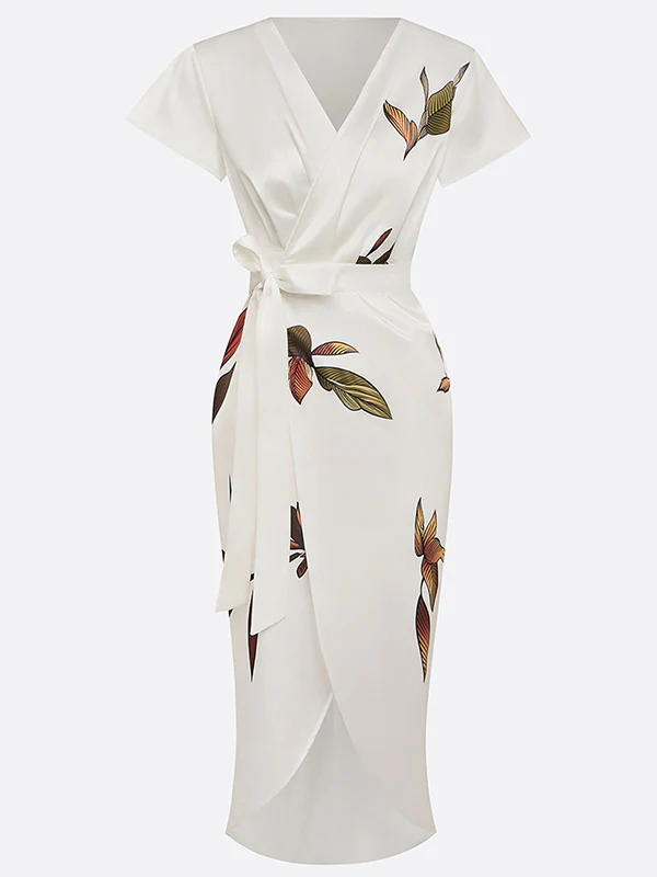 Raglan Sleeve Asymmetric Pleated Printed Split-Joint V-Neck Midi Dresses - Image 4