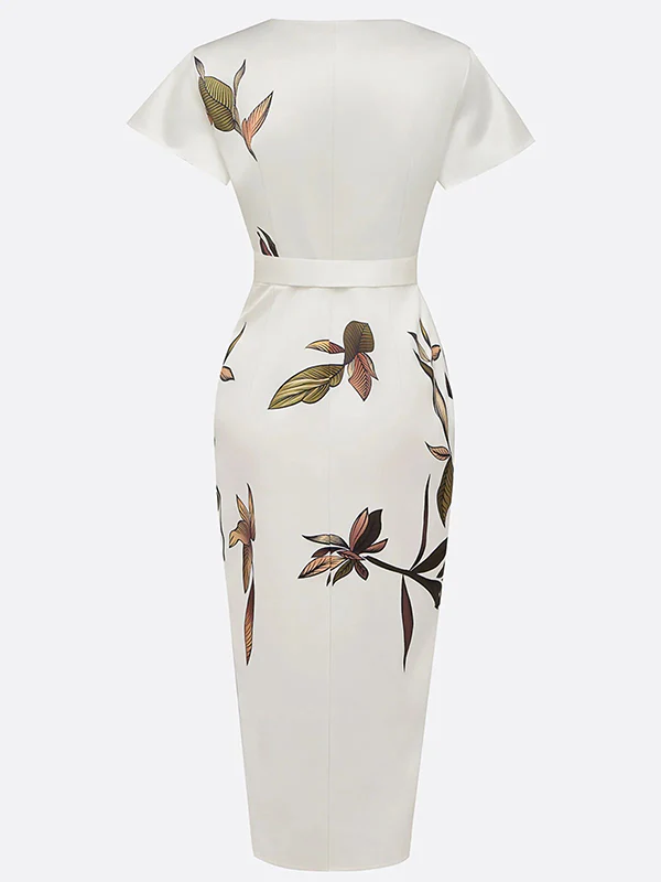 Raglan Sleeve Asymmetric Pleated Printed Split-Joint V-Neck Midi Dresses - Image 5