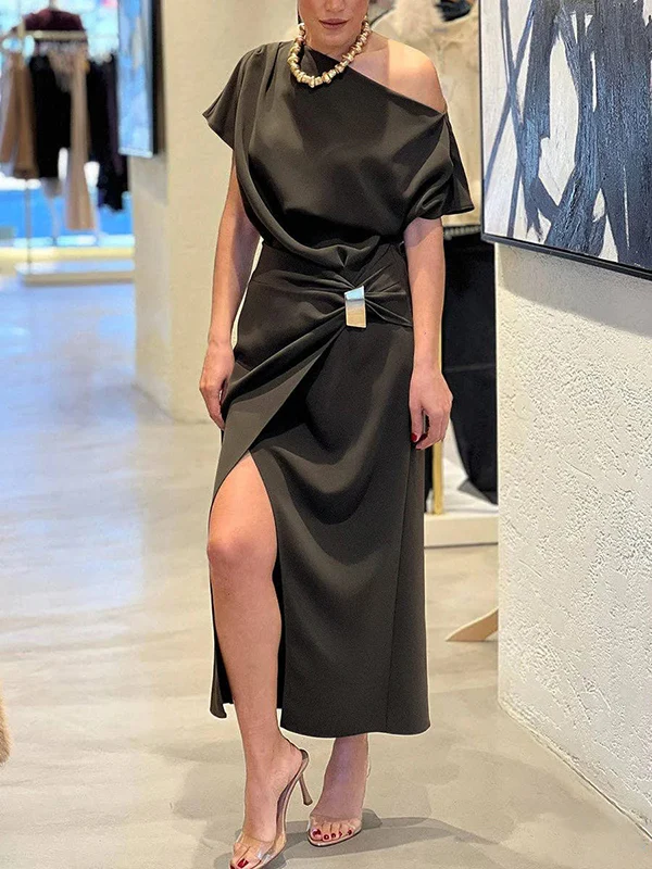 Raglan Sleeve Asymmetric Pleated Split-Front Split-Joint One-Shoulder Evening Dresses Maxi Dresses - Image 2