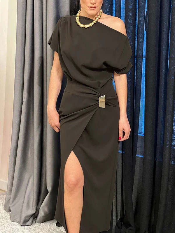 Raglan Sleeve Asymmetric Pleated Split-Front Split-Joint One-Shoulder Evening Dresses Maxi Dresses - Image 3
