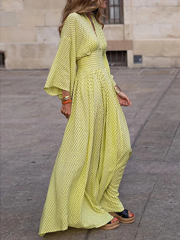Raglan Sleeve Pleated Split-Joint V-Neck Maxi Dresses - Image 2