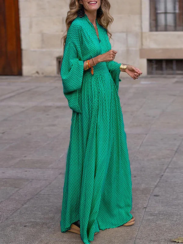 Raglan Sleeve Pleated Split-Joint V-Neck Maxi Dresses - Image 3