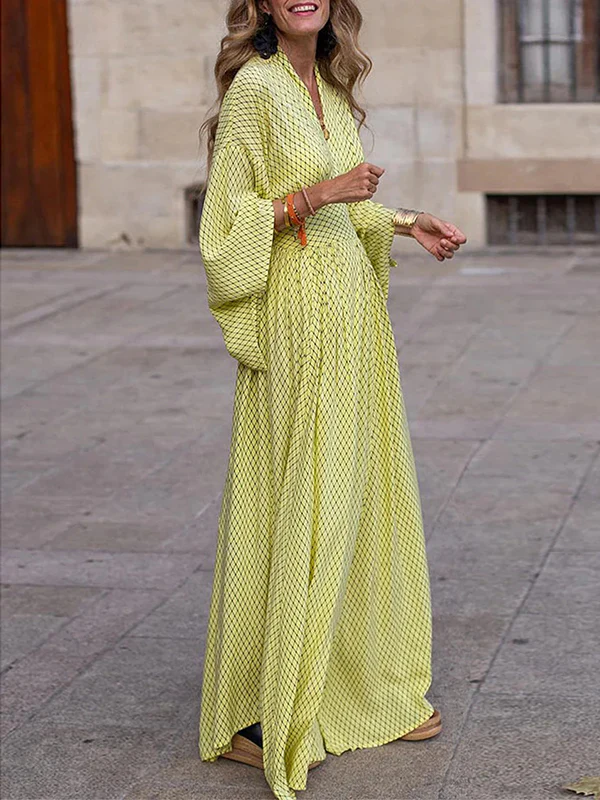Raglan Sleeve Pleated Split-Joint V-Neck Maxi Dresses - Image 4
