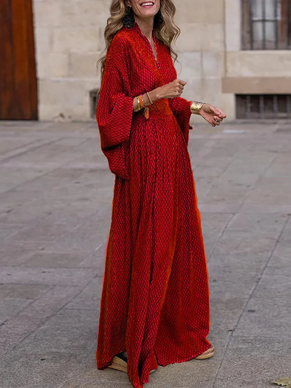 Raglan Sleeve Pleated Split-Joint V-Neck Maxi Dresses - Image 5