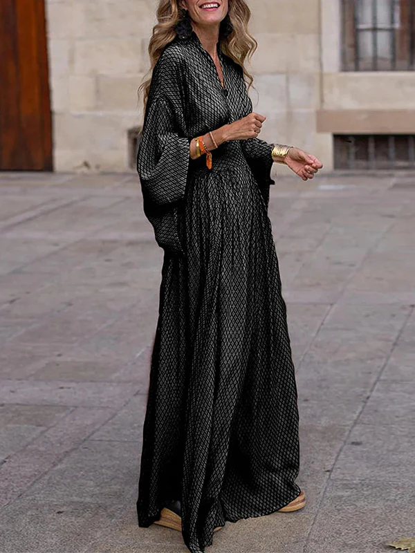 Raglan Sleeve Pleated Split-Joint V-Neck Maxi Dresses - Image 6