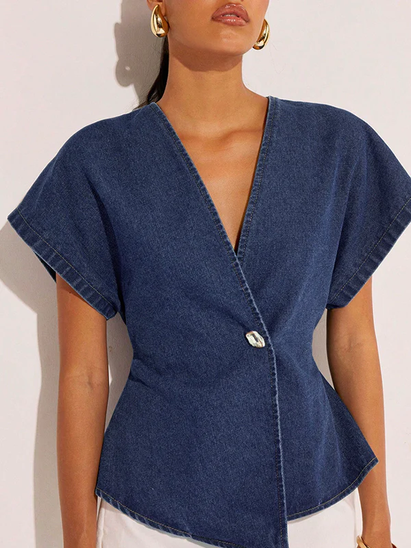 Raglan Sleeve Split-Joint V-Neck Blouses&Shirts Tops - Image 2