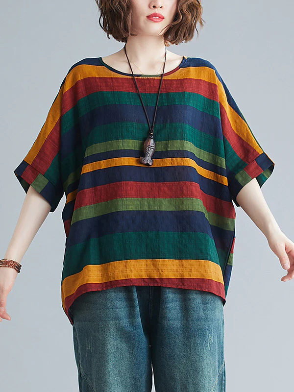 Rainbow Stripe Batwing Sleeves T-Shirts Tops - Image 2