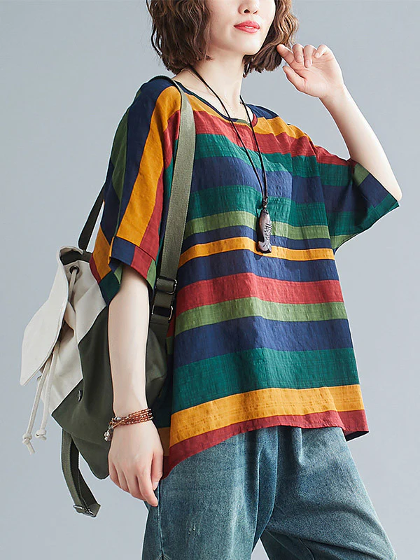 Rainbow Stripe Batwing Sleeves T-Shirts Tops - Image 3