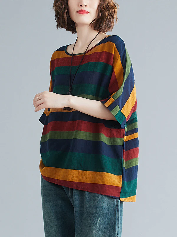Rainbow Stripe Batwing Sleeves T-Shirts Tops - Image 4