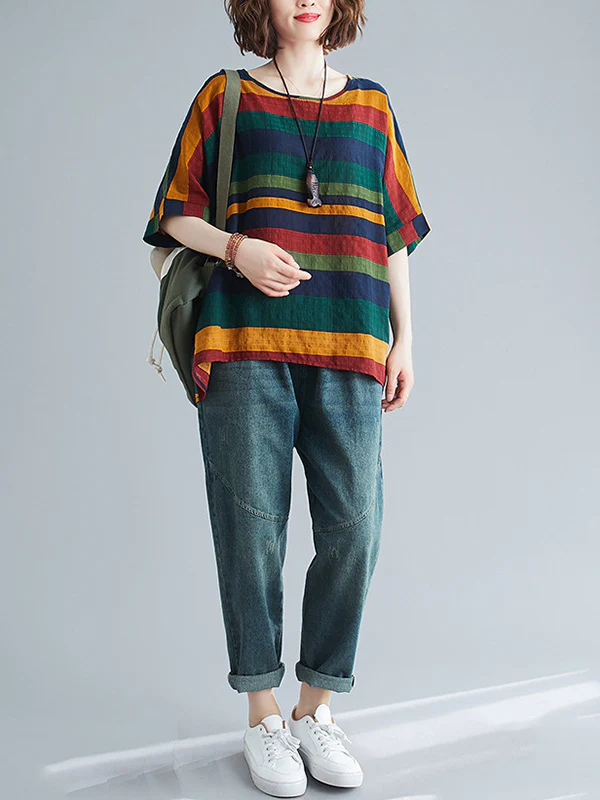 Rainbow Stripe Batwing Sleeves T-Shirts Tops - Image 6