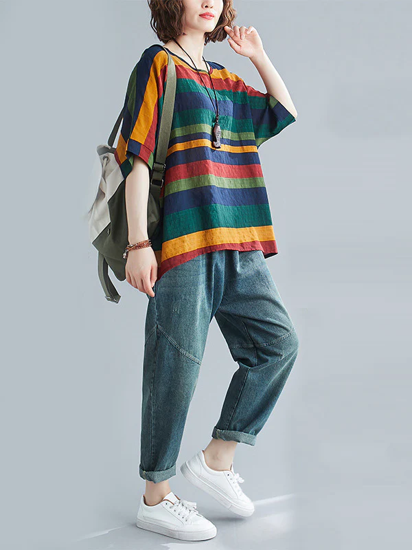 Rainbow Stripe Batwing Sleeves T-Shirts Tops - Image 7