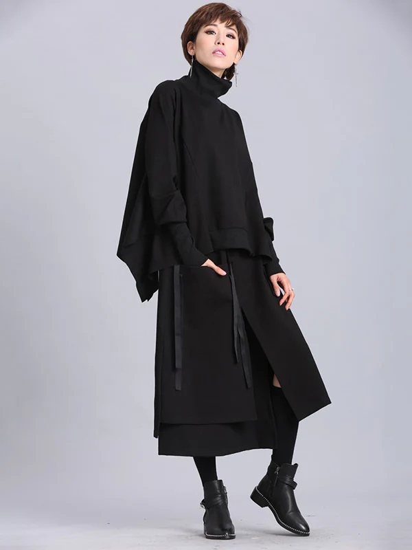 Raised Bands Split-Joint Asymmetric Black Empire Skirt - Image 2