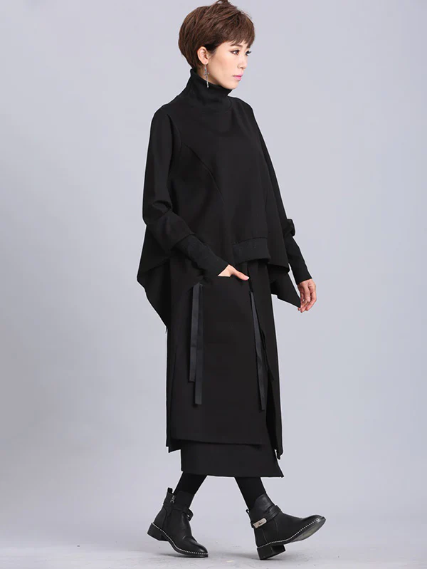 Raised Bands Split-Joint Asymmetric Black Empire Skirt - Image 3