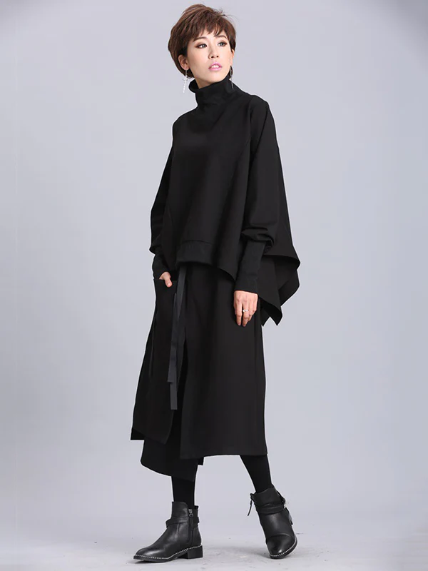Raised Bands Split-Joint Asymmetric Black Empire Skirt - Image 4