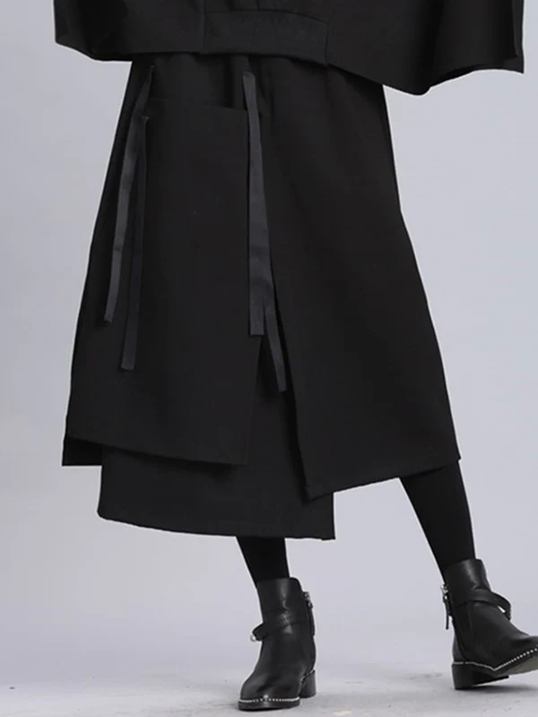 Raised Bands Split-Joint Asymmetric Black Empire Skirt - Image 6
