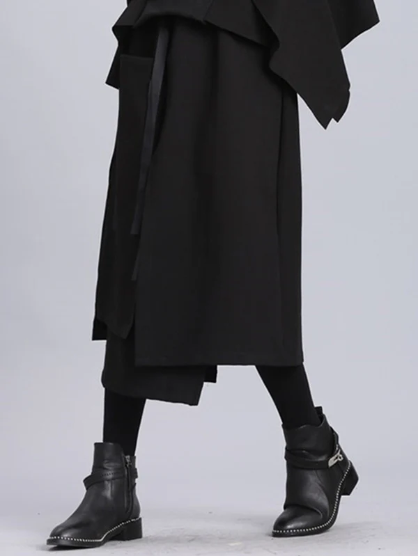 Raised Bands Split-Joint Asymmetric Black Empire Skirt - Image 7