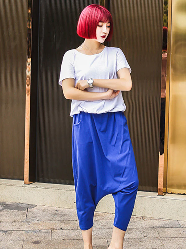 Red Black Blue Solid Color Casual Harem Pants - Image 2