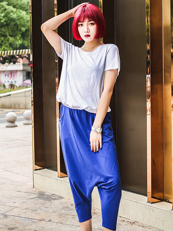 Red Black Blue Solid Color Casual Harem Pants - Image 3