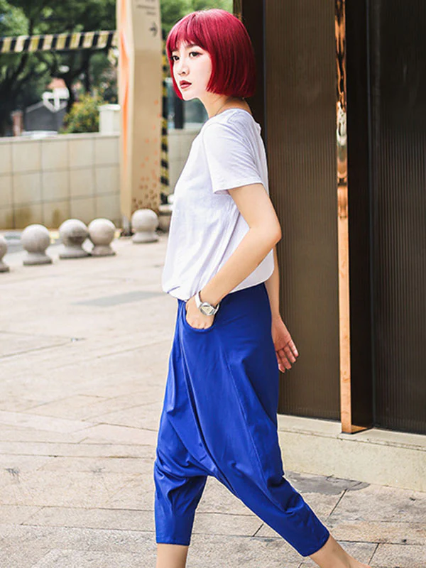 Red Black Blue Solid Color Casual Harem Pants - Image 5