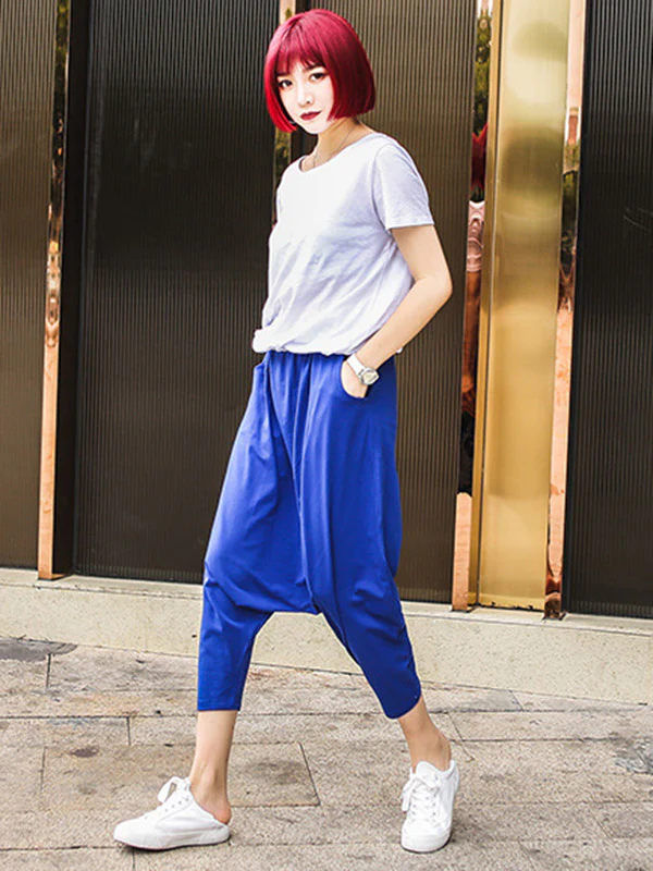 Red Black Blue Solid Color Casual Harem Pants - Image 6