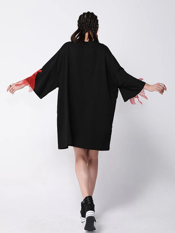 Red Goldfish Embroidered Loose Round Neck T-Shirt Dress - Image 6