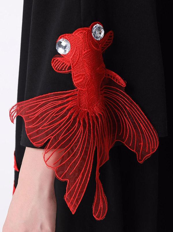 Red Goldfish Embroidered Loose Round Neck T-Shirt Dress - Image 7
