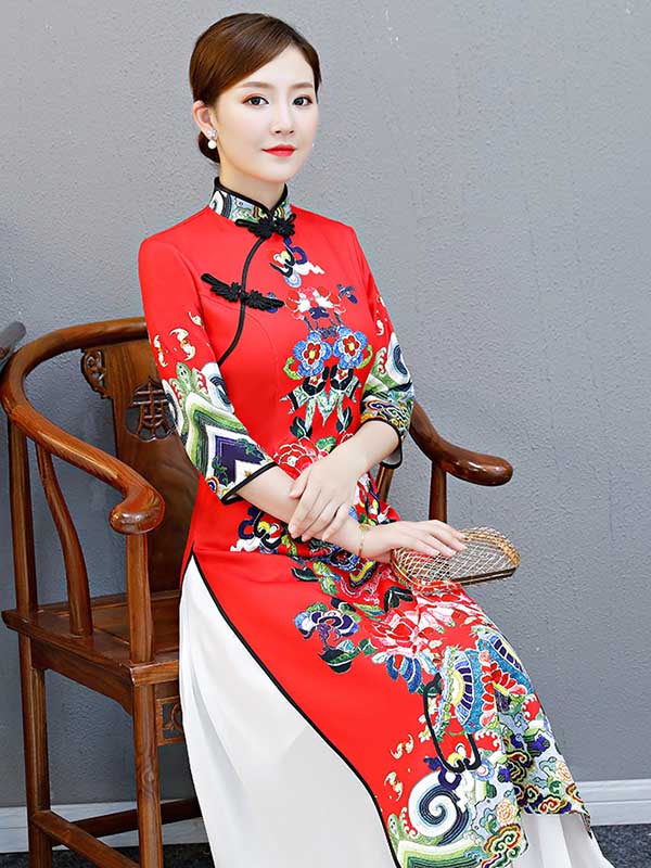 Red Split-Joint Seven-Quarter Sleeves Ao Dai Long Cheongsams - Image 2