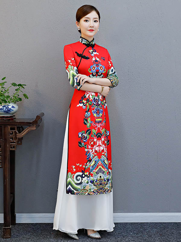 Red Split-Joint Seven-Quarter Sleeves Ao Dai Long Cheongsams - Image 3