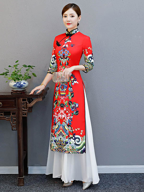 Red Split-Joint Seven-Quarter Sleeves Ao Dai Long Cheongsams - Image 4