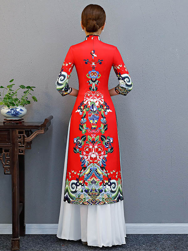 Red Split-Joint Seven-Quarter Sleeves Ao Dai Long Cheongsams - Image 5