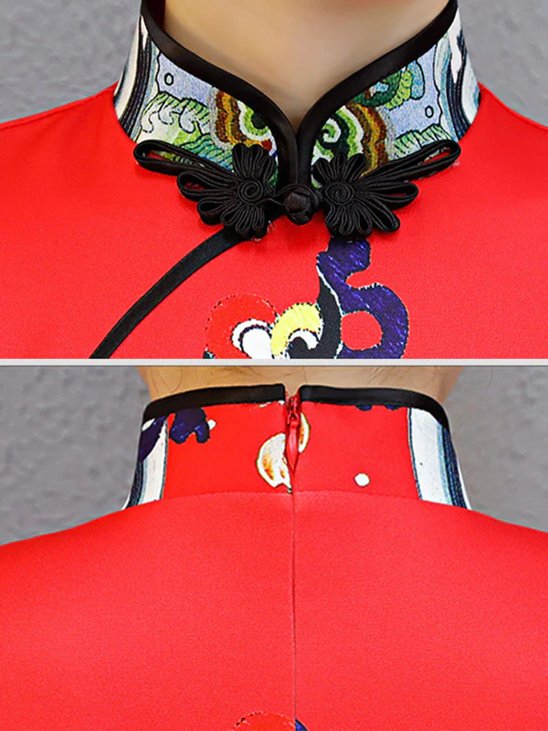 Red Split-Joint Seven-Quarter Sleeves Ao Dai Long Cheongsams - Image 6