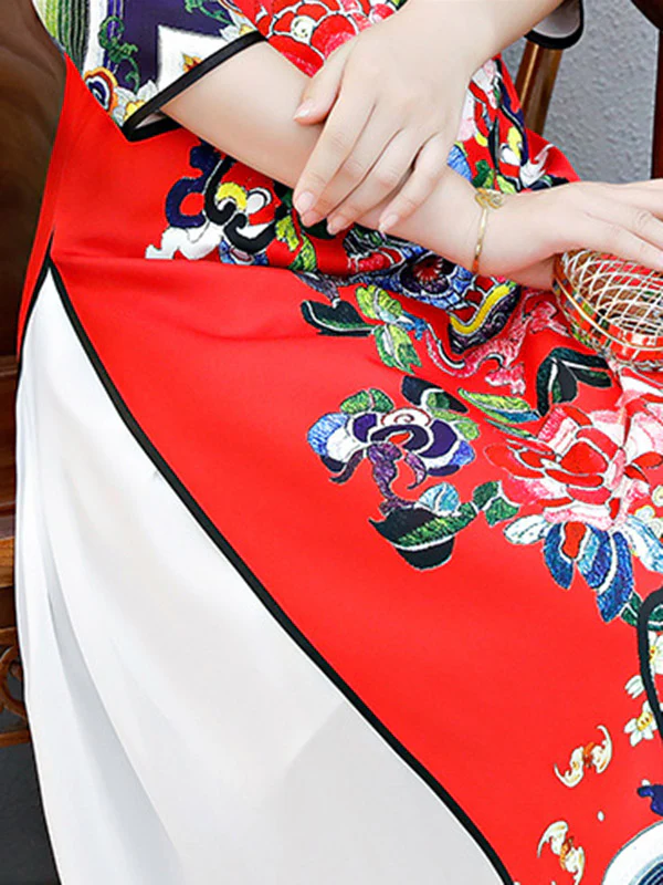 Red Split-Joint Seven-Quarter Sleeves Ao Dai Long Cheongsams - Image 7