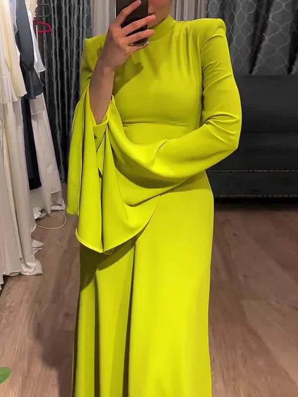 Ruffle Sleeves Skinny Belted Solid Color Round-Neck Maxi Dresses - Image 3