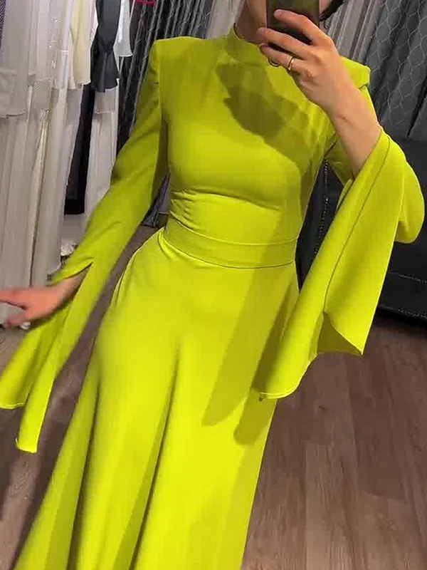 Ruffle Sleeves Skinny Belted Solid Color Round-Neck Maxi Dresses - Image 5