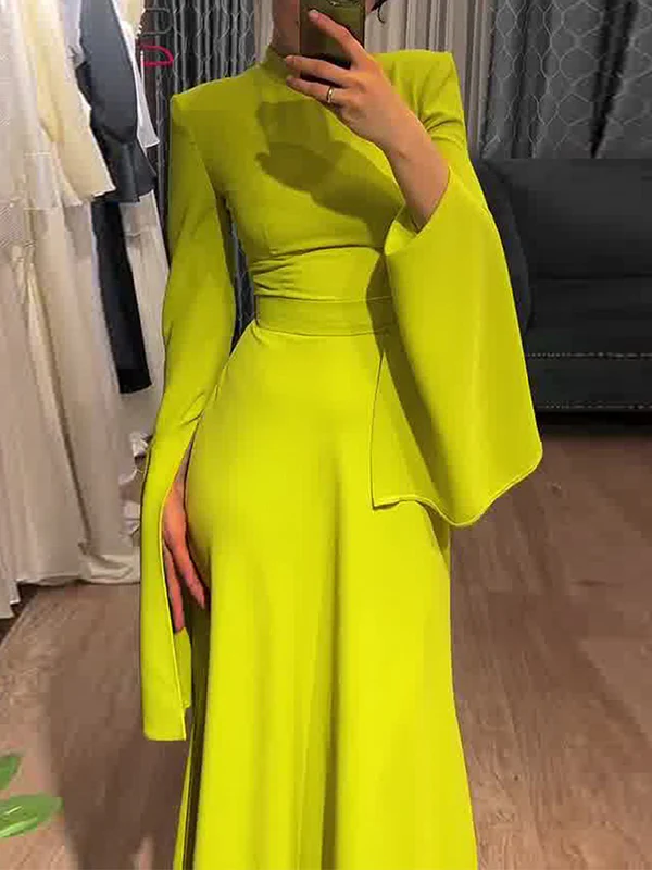 Ruffle Sleeves Skinny Belted Solid Color Round-Neck Maxi Dresses - Image 7