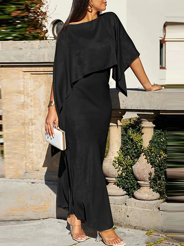 Batwing Sleeves Cape Shiny Solid Color Split-Joint Boat Neck Evening Dresses Maxi Dresses - Image 2