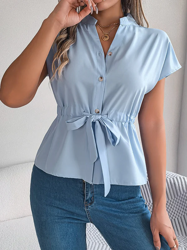 Short Sleeves Buttoned Comfort Solid Color Tied Waist Stand Collar Blouses&Shirts Tops - Image 10