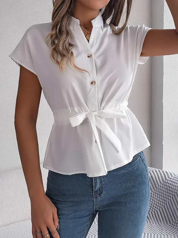 Short Sleeves Buttoned Comfort Solid Color Tied Waist Stand Collar Blouses&Shirts Tops - Image 12