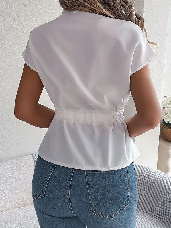 Short Sleeves Buttoned Comfort Solid Color Tied Waist Stand Collar Blouses&Shirts Tops - Image 15