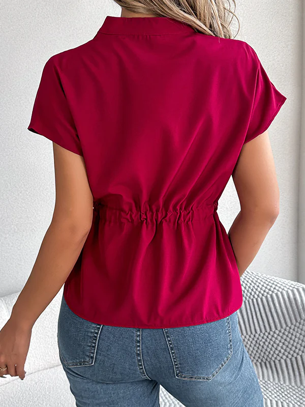 Short Sleeves Buttoned Comfort Solid Color Tied Waist Stand Collar Blouses&Shirts Tops - Image 16
