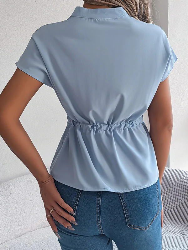Short Sleeves Buttoned Comfort Solid Color Tied Waist Stand Collar Blouses&Shirts Tops - Image 17