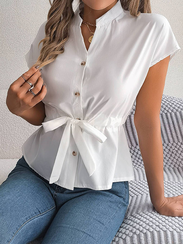 Short Sleeves Buttoned Comfort Solid Color Tied Waist Stand Collar Blouses&Shirts Tops - Image 2