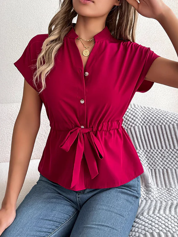 Short Sleeves Buttoned Comfort Solid Color Tied Waist Stand Collar Blouses&Shirts Tops - Image 3