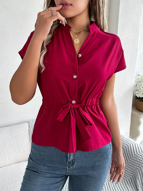 Short Sleeves Buttoned Comfort Solid Color Tied Waist Stand Collar Blouses&Shirts Tops - Image 4