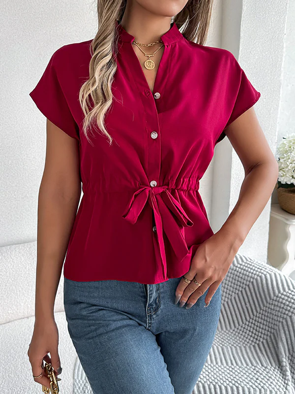 Short Sleeves Buttoned Comfort Solid Color Tied Waist Stand Collar Blouses&Shirts Tops - Image 5