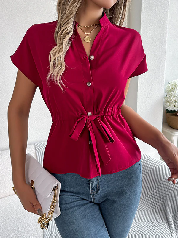 Short Sleeves Buttoned Comfort Solid Color Tied Waist Stand Collar Blouses&Shirts Tops - Image 6